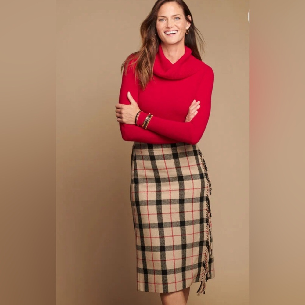 Talbots Beige Plaid Fringe A-Line Skirt with Red Accents
